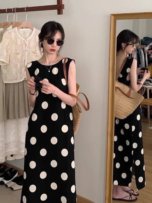 Polka Dot Sleeveless Long Side Slit Casual Dress